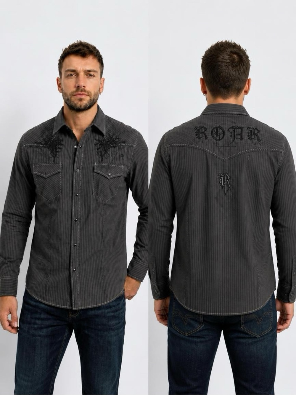 Roar Men's Black Pinstripe Embroidered Shirt Shirt